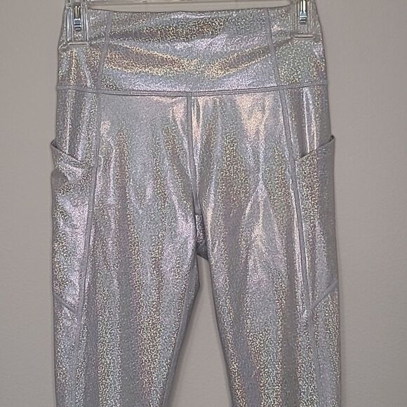 Fabletics Oasis PureLuxe High Waisted Silver Glitter Hologram Leggings - Picture 1 of 4